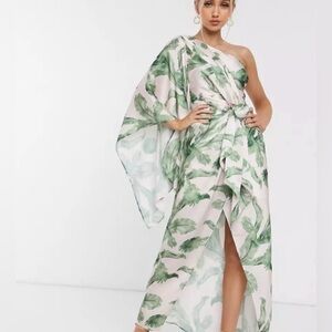 Elegant One Shoulder Leaf Print Dress